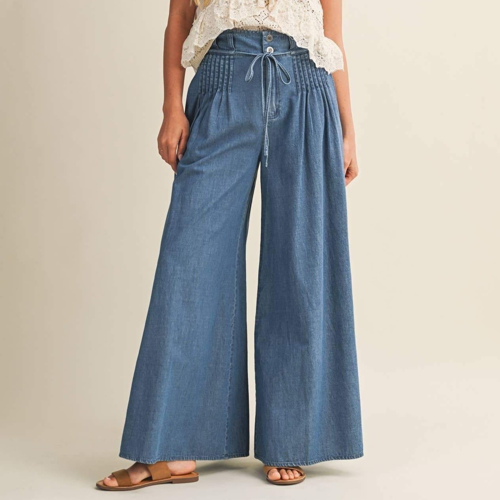 Mustard Seed Palazzo Pants S Pleated Wide Leg Denim Chambray Boho Minimalist